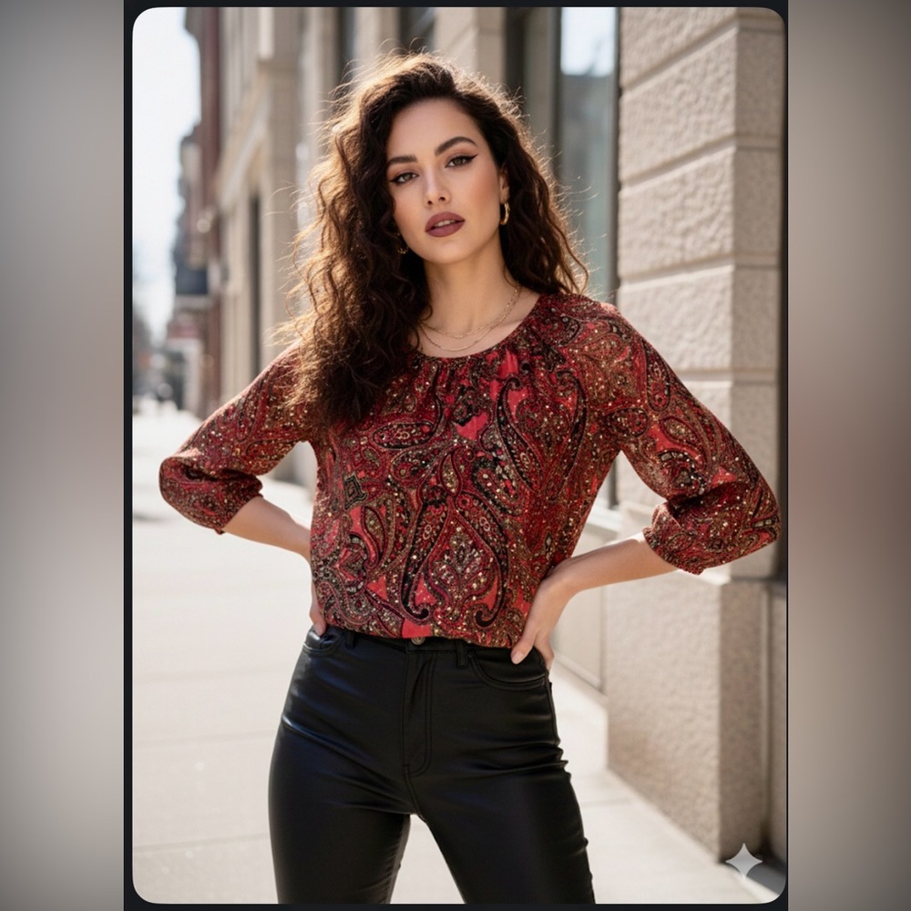 NWT Cathy Daniels Boho Paisley Sequin Blouse S Gold Shimmer Festival Top